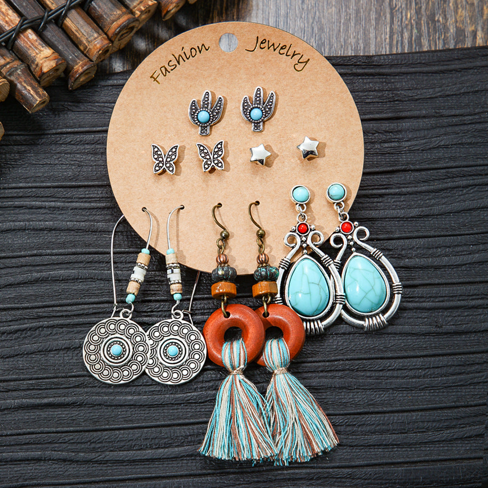 Bohemian Style Metal Earrings with Tassels and Geometric Shapes