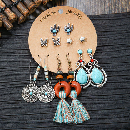 Bohemian Style Metal Earrings with Tassels and Geometric Shapes