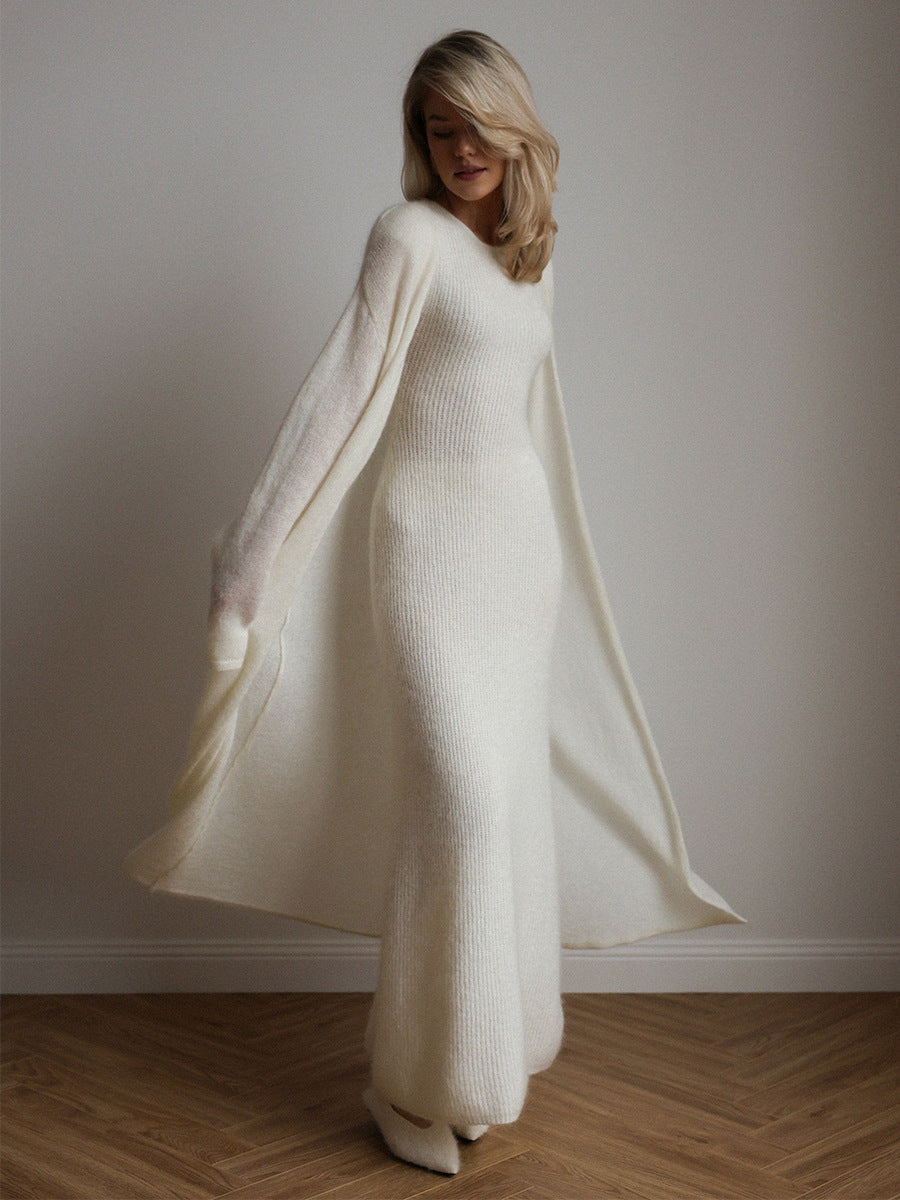 Knitted Cardigan Dress Set Stylish Basic Long Dress