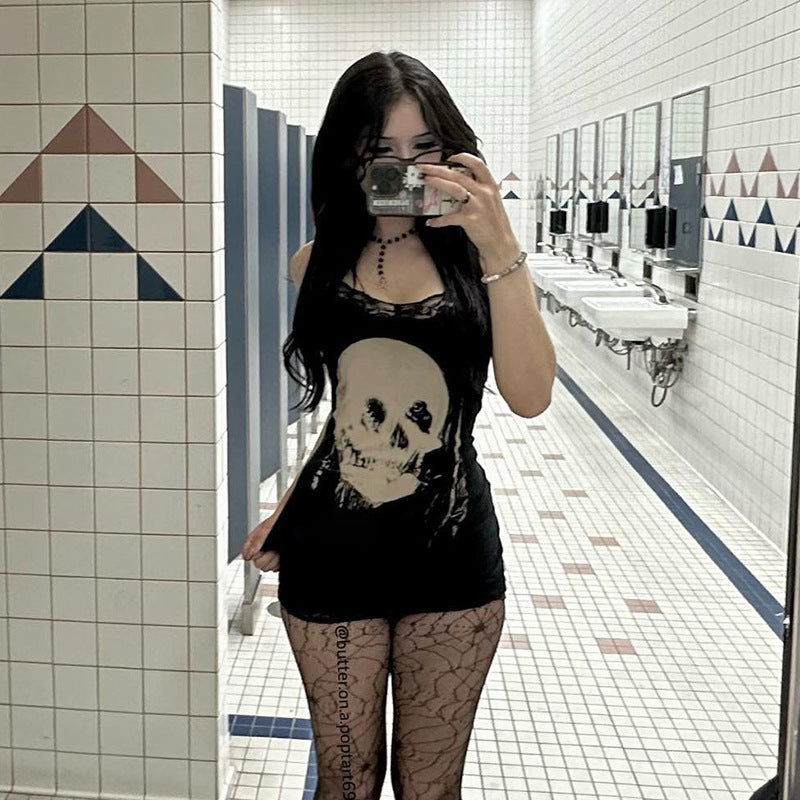 Skull Print Halter Mini Dress Dark Style