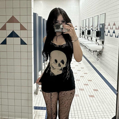 Skull Print Halter Mini Dress Dark Style