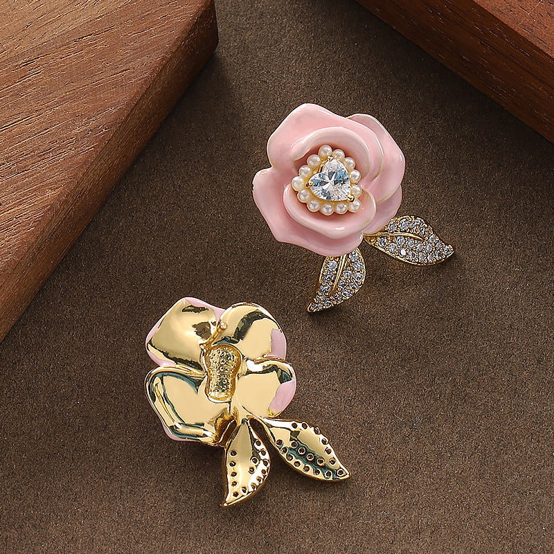 Elegant Rose Flower Stud Earrings With Zirconia - Stylish Floral Accessories