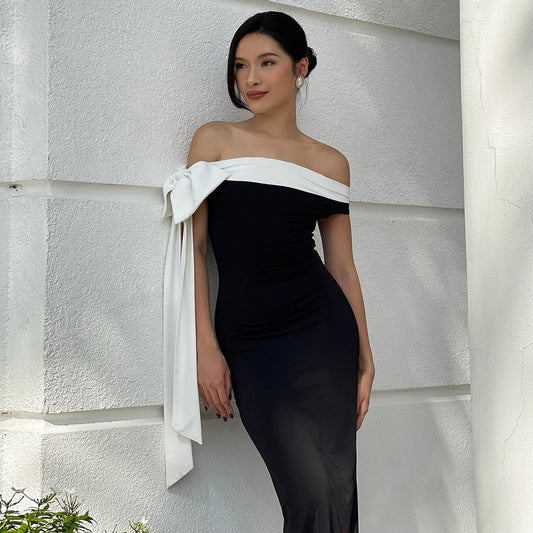 Off-Shoulder Solid Color Dress With Ribbons Elegant Fit