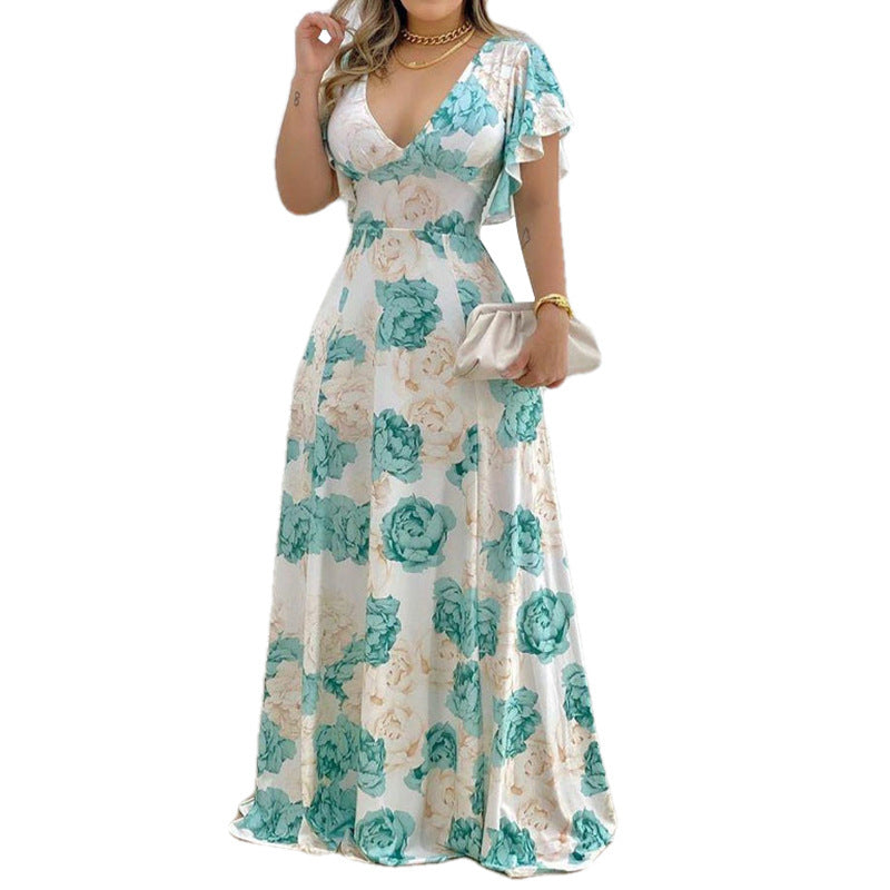 Casual Floral Maxi Dress With V-Neck & Flared Design