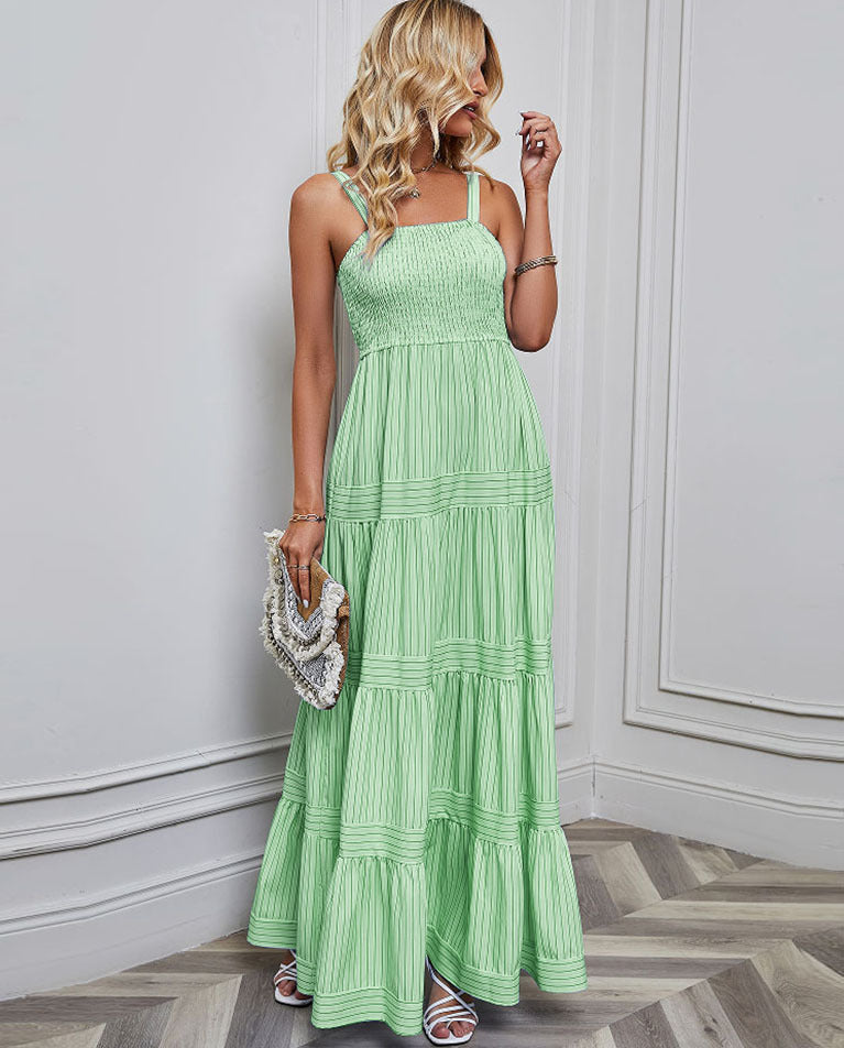 Solid Color Striped Spaghetti Long Dress
