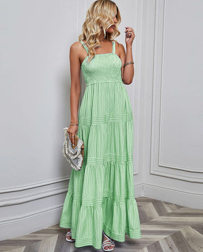 Solid Color Striped Spaghetti Long Dress