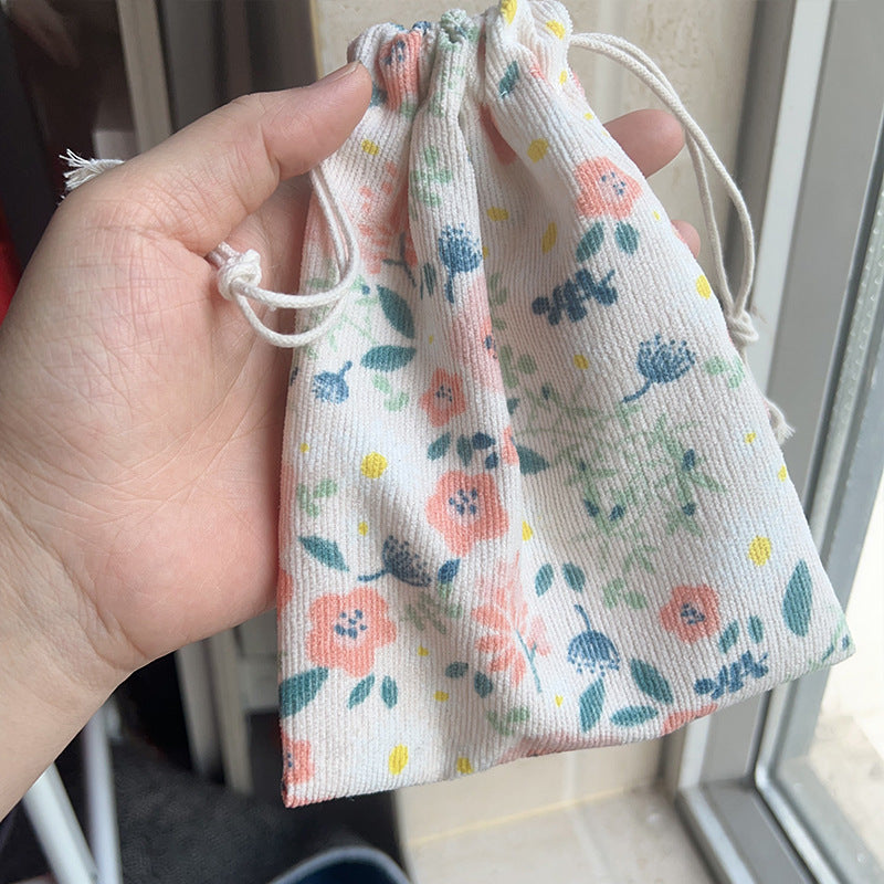 Mini Drawstring Corduroy Canvas Bag Portable Floral Storage Pouch