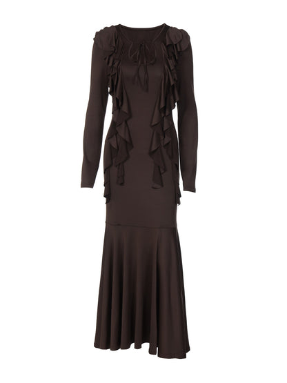 Fashion Ruffled Tie Waist Long Sleeve Dress in Coffee
