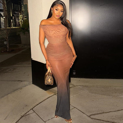 Elegant Color-Blocked Strapless Midi Dress With High Waist
