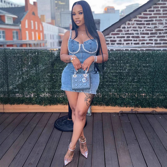 Trendy Blue Denim Bodycon Dress With Rhinestones