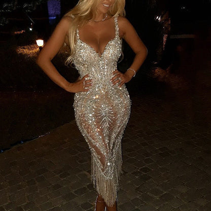 Elegant Sequined V-Neck Midi Dress for Women