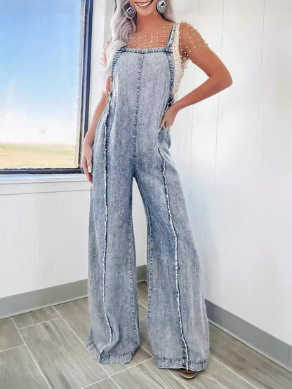 Women's Loose-Fit Denim Overalls Vintage Washed Wide-Leg Jumpsuit