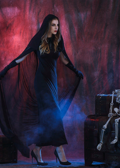 Long Black Dress With Sheer Hooded Cape
