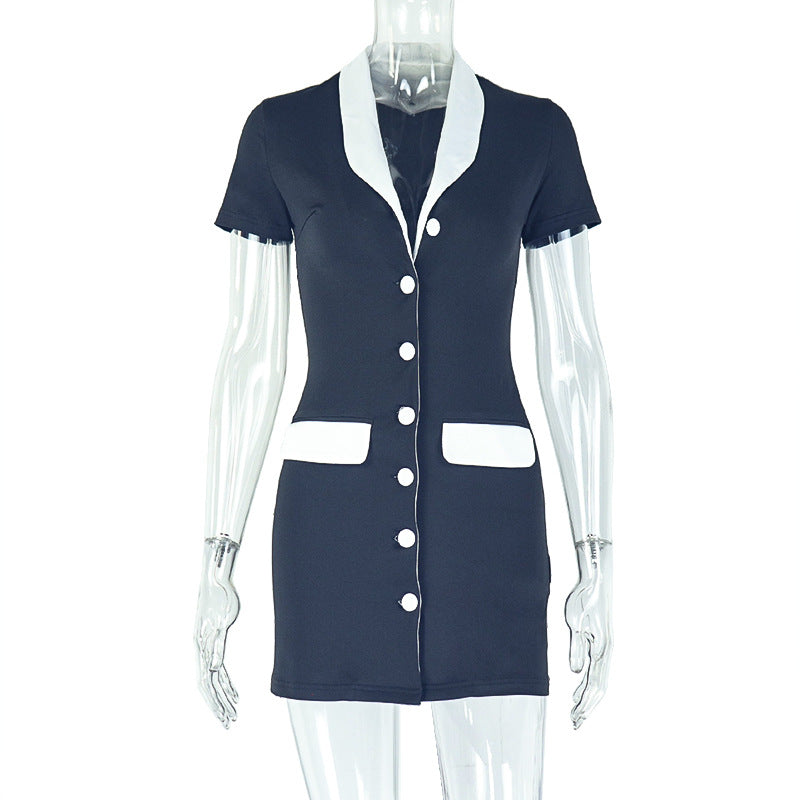 Trendy Black And White Color Block Slim Fit Blazer Dress