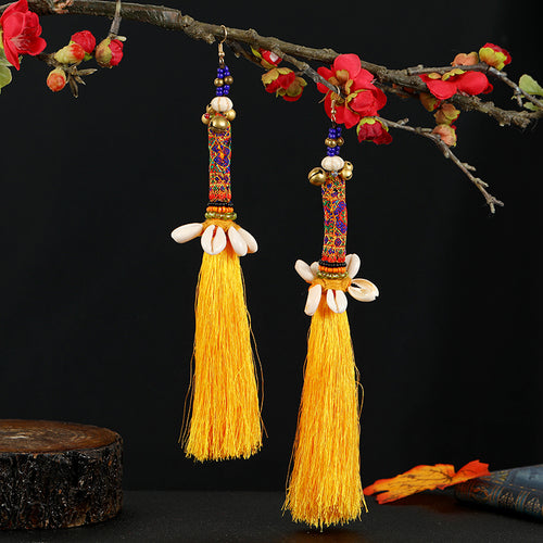 Retro National Style Contrast Color Pommel Earrings Exaggerated Personality Bohemian Holiday Long Tassel Temperament Earrings Women