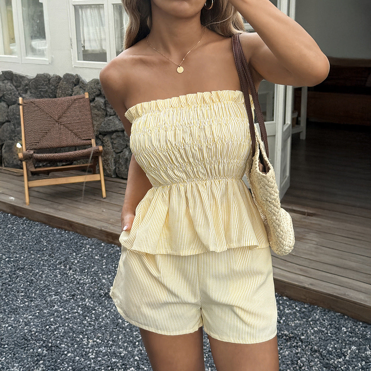 Casual Ruffle Trim Off-Shoulder Short Set