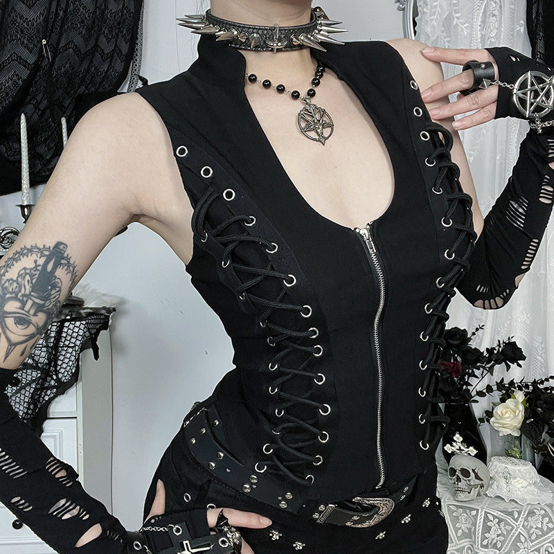 Gothic Style Zipper Back Top with Lace-Up Waist
