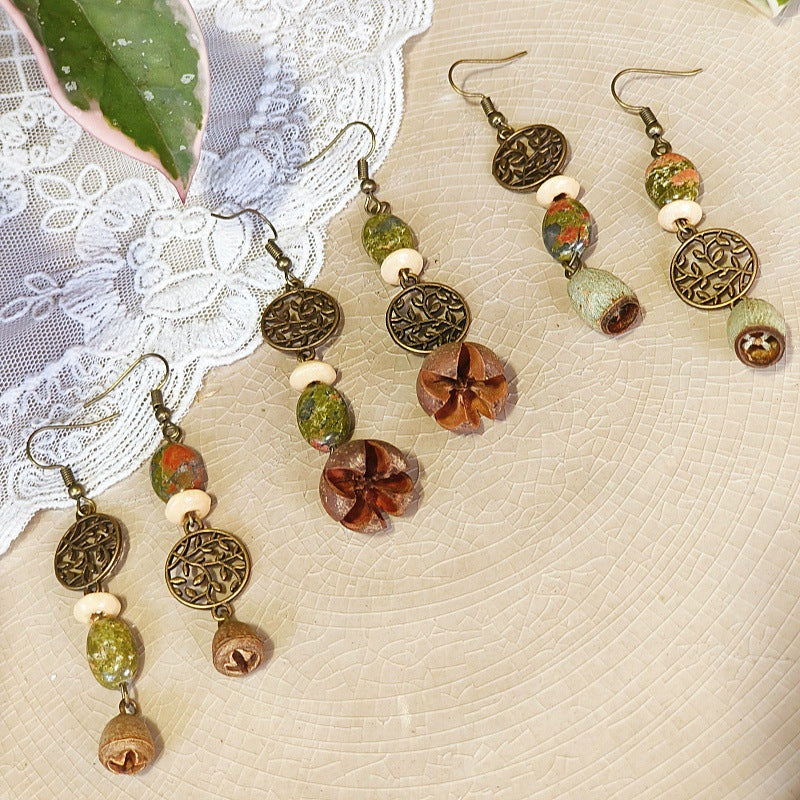 Vintage Leaf Design Handmade Earrings with Natural Green Stone