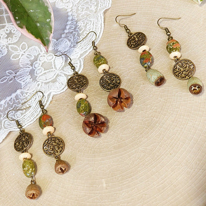 Vintage Leaf Design Handmade Earrings with Natural Green Stone