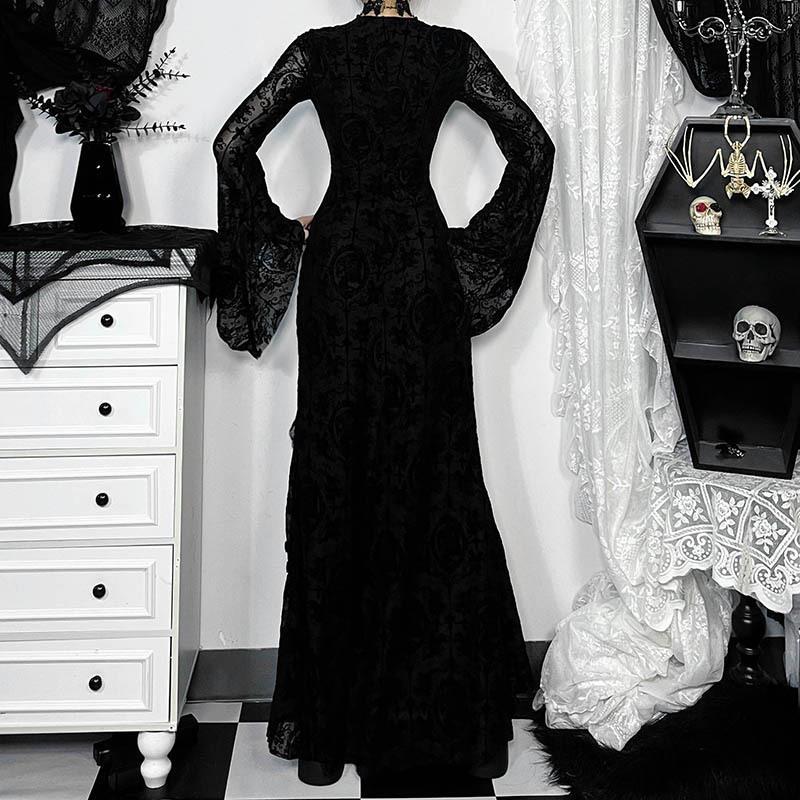 Elegant Black Velvet Long Sleeve Dress with Cross Design