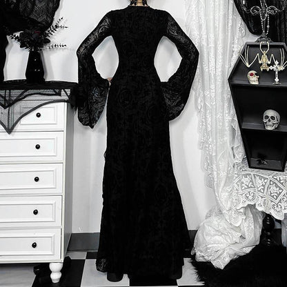 Elegant Black Velvet Long Sleeve Dress with Cross Design