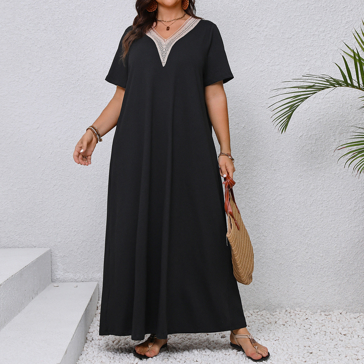 Plus Size V-Neck A-Line Dress Elegant Casual Black Dress