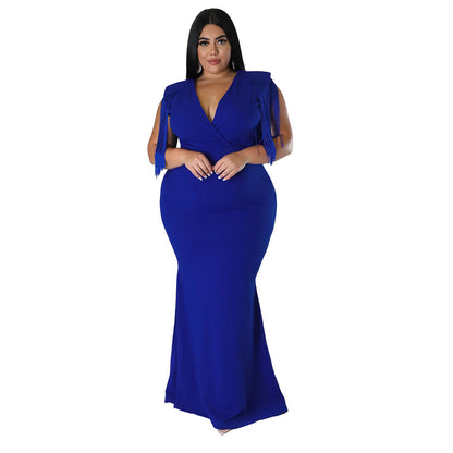 Elegant V-Neck Long Sleeve Dress With Fringe Detail