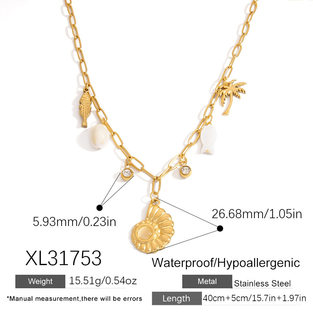 Ocean-Inspired Stainless Steel Seashell Necklace with Crystals