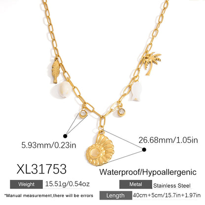 Ocean-Inspired Stainless Steel Seashell Necklace with Crystals