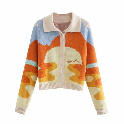 Short Knit Sweater Women Polo Collar Loose Coat Cardigan Top