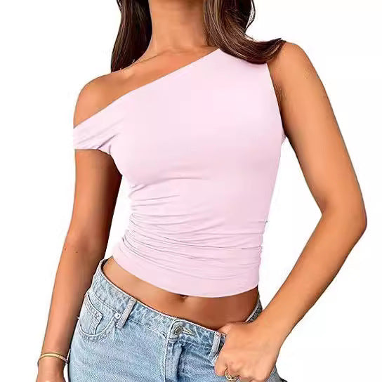 One Shoulder Solid Colot Short Top