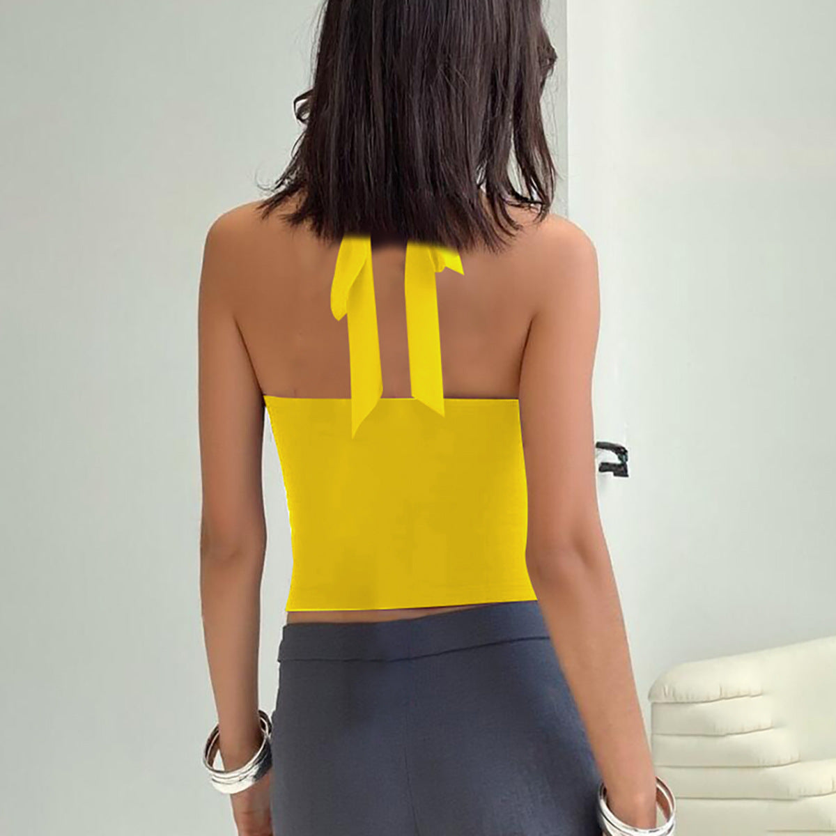 Fashionable Sexy Backless Crop Top with Ruffle Detail