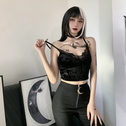 Summer Black Lace Trim Crop Top for Women