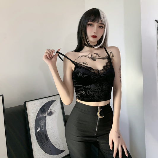Summer Black Lace Trim Crop Top for Women