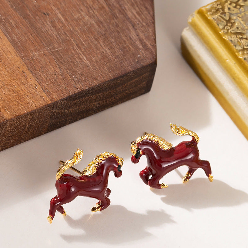 Elegant Enamel Horse Zodiac Stud Earrings For Women