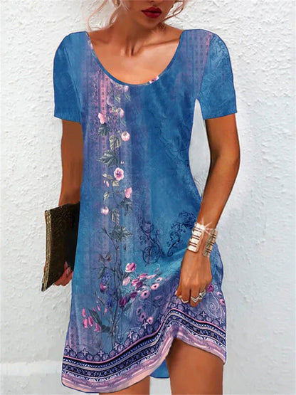Hot Women'S Clothing Summer New Loose Round Neck Ethnic Style Printed Pullover Dress