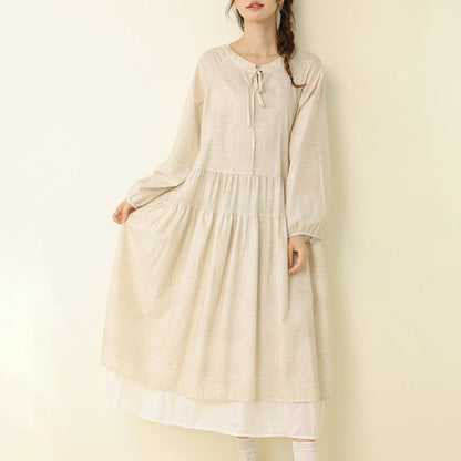 Polka Dot Long Cotton-Linen Dress Casual A-Line Dress