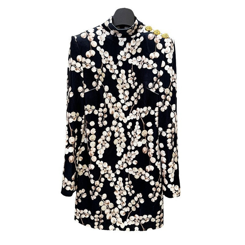 Velvet Long Sleeve Dress With Beaded Floral Print