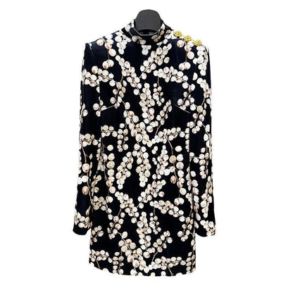 Velvet Long Sleeve Dress With Beaded Floral Print
