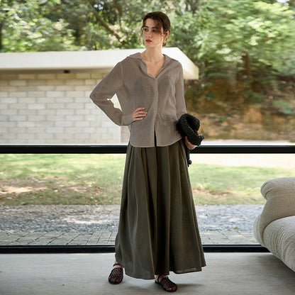 Linen V-Neck Long Sleeve Shirt For Women - Casual Elegant Office Top