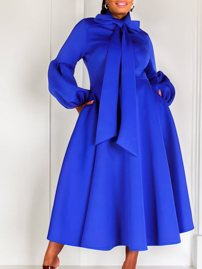 Elegant High-Waisted Dress With Puff Sleeves And Flared Skirt