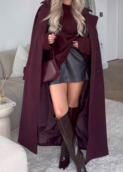 Belted Wool Coat Double Breasted Burgundy