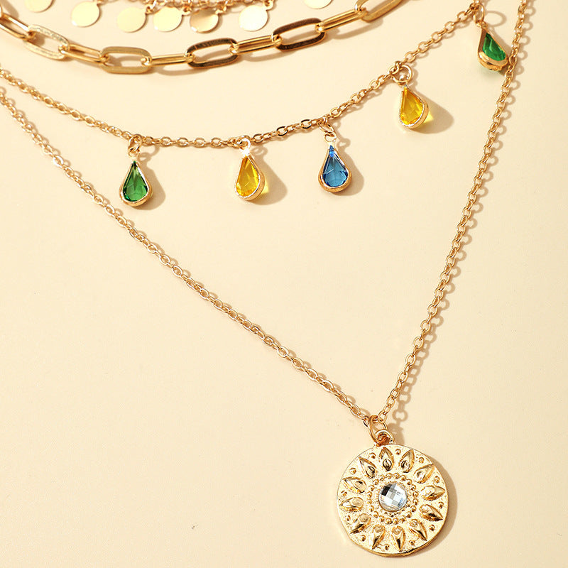 Geometric Layered Y-Shaped Alloy Necklace With Tassels And Rhinestones