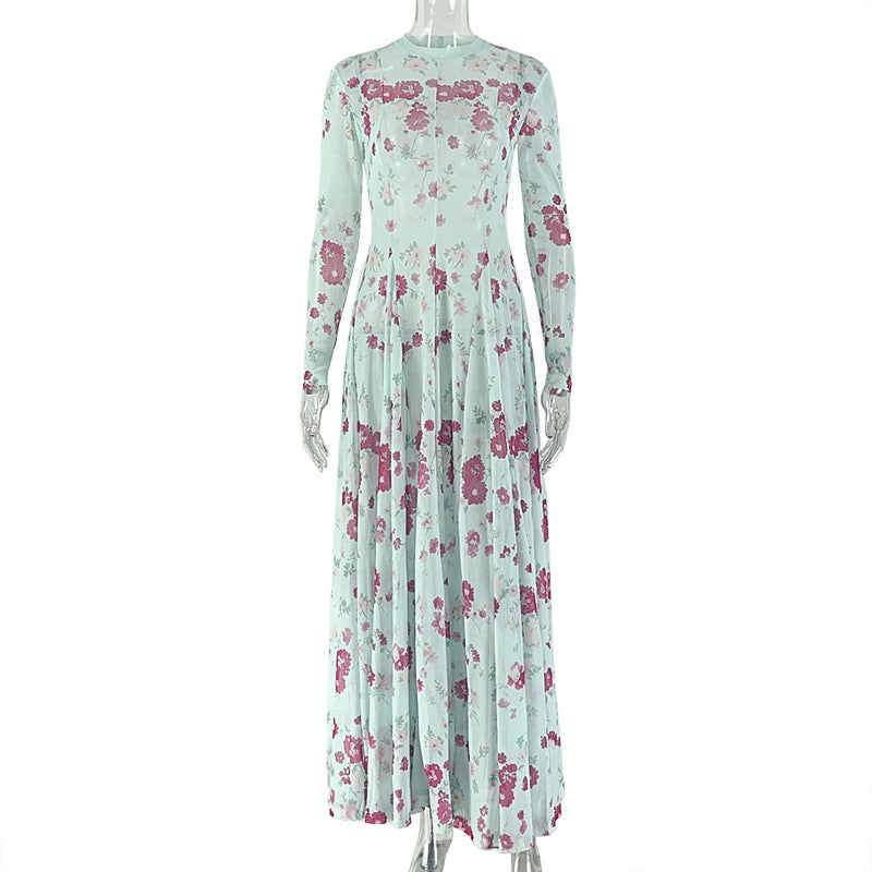 Floral Print A-Line Dress With Long Sleeves