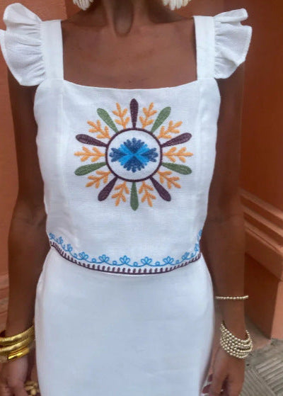 Embroidered Two Piece Set Polyester Ruffle Straps