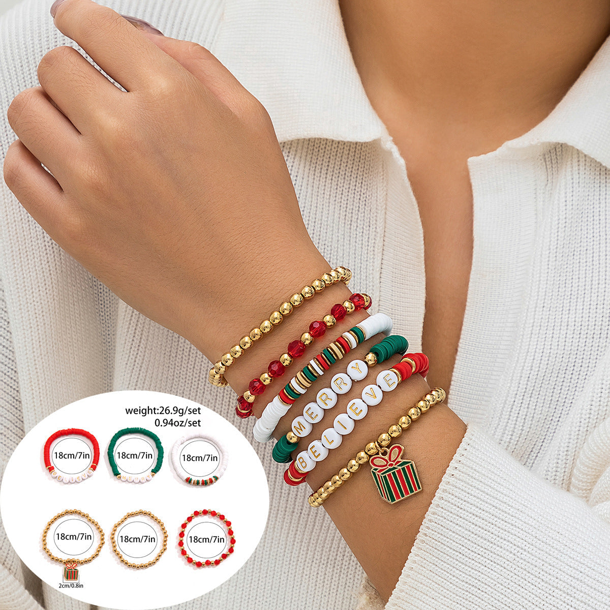 Christmas Themed Polymer Clay Bead Bracelet Set
