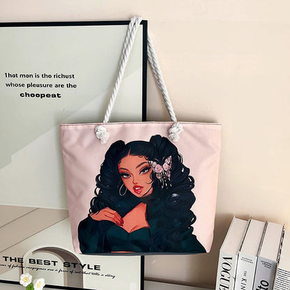 Trendy Cartoon Print Shoulder Tote Bag Durable Oxford Cloth Bag