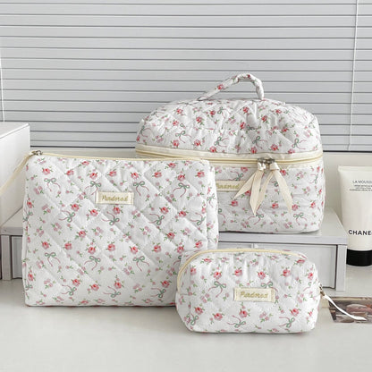 Bow Flower Large Capacity Makeup Bag Vintage Quilted Toiletry Pouch
