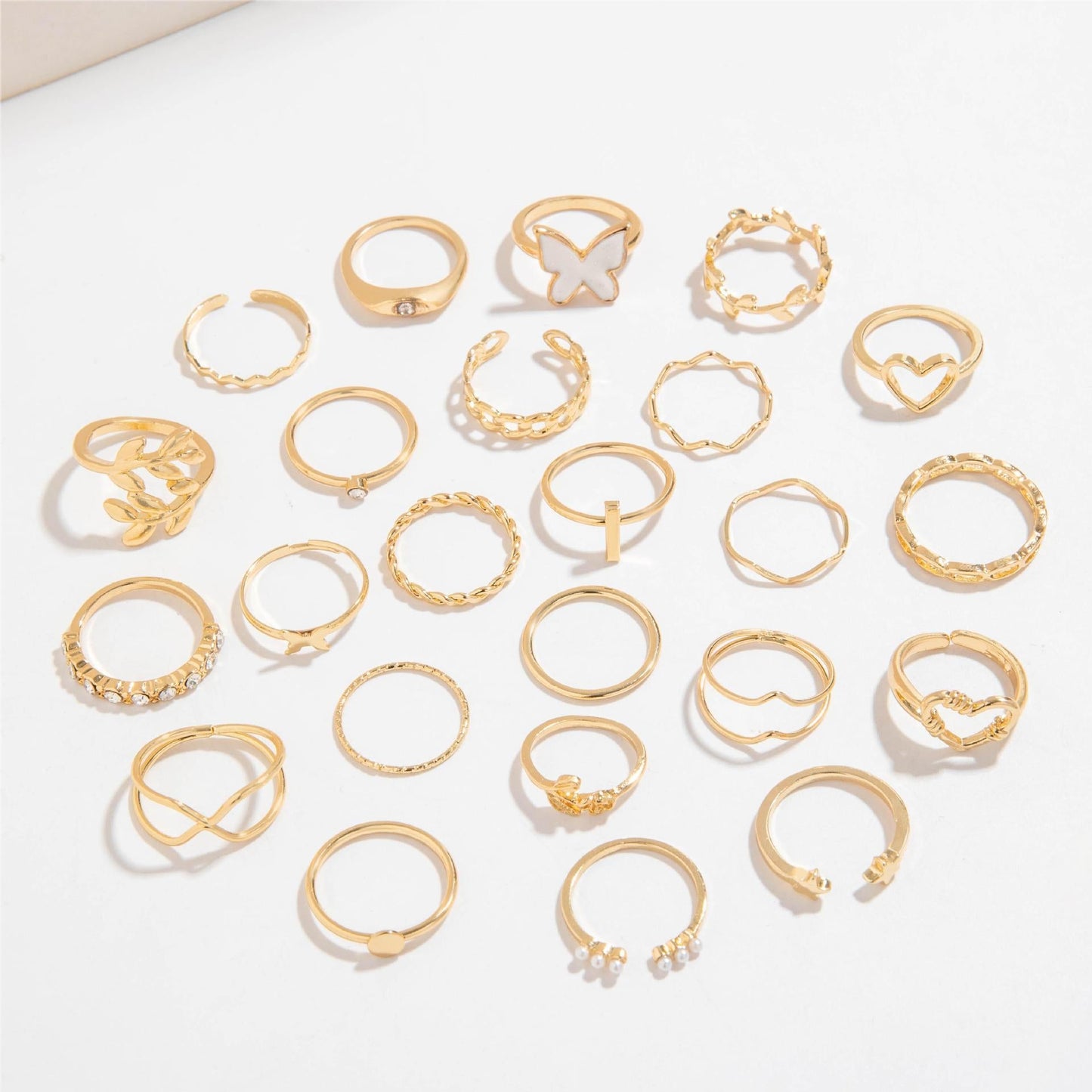 Trendy Leaf Heart Rings Geometric Pearl Joint Stacking Ring Set