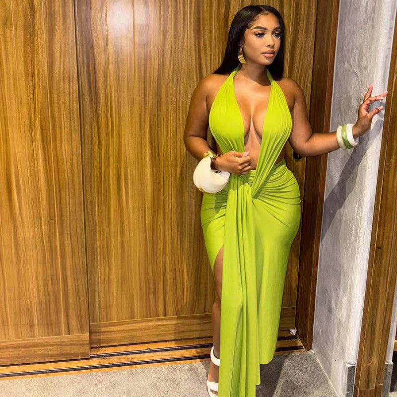 Bodycon Solid Color Wrap Dress With Neck Tie And V Neckline
